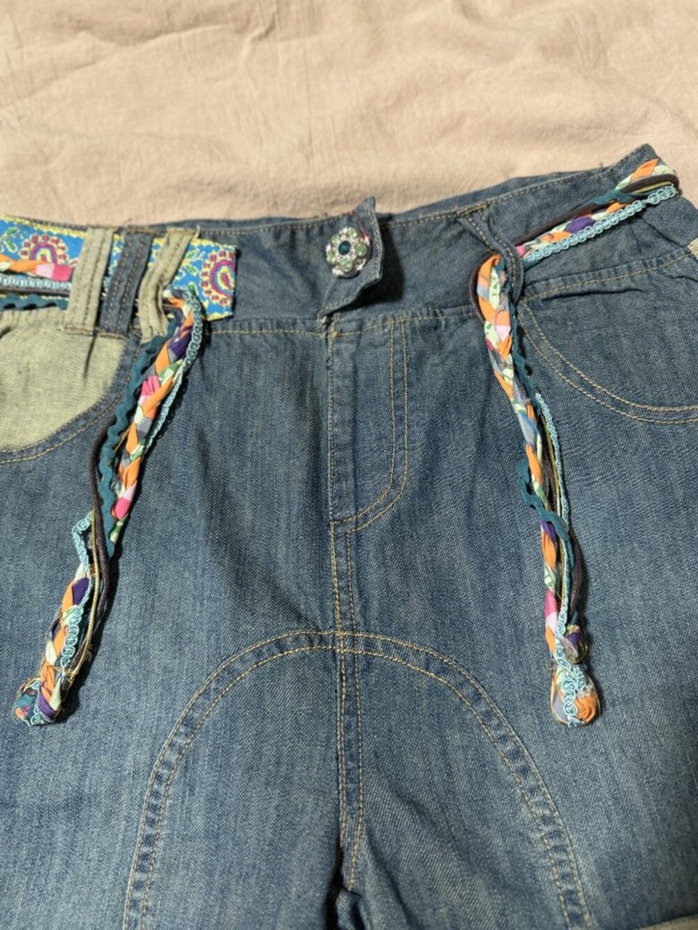Denim Girls Desigual pants jeans with flowers and belt size 13/14 - Picture 2 of 7